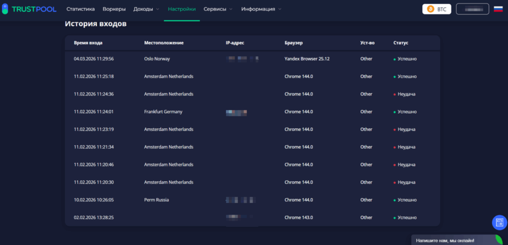 история входов в кабинет