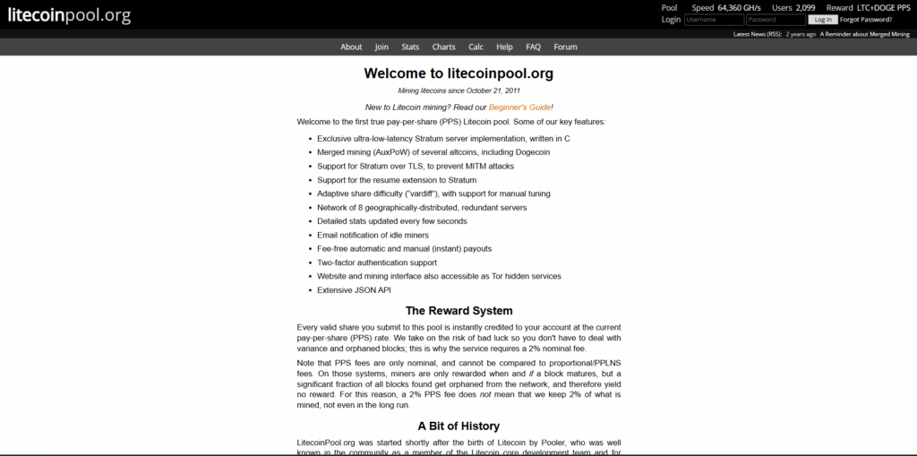 Главная страница майнинг-пула LitecoinPool.org с выплатами за добычу LTC и DOGE