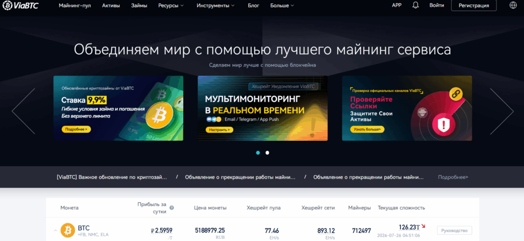 Главная страница майнинг-пула ViaBTC с данными по добыче Litecoin