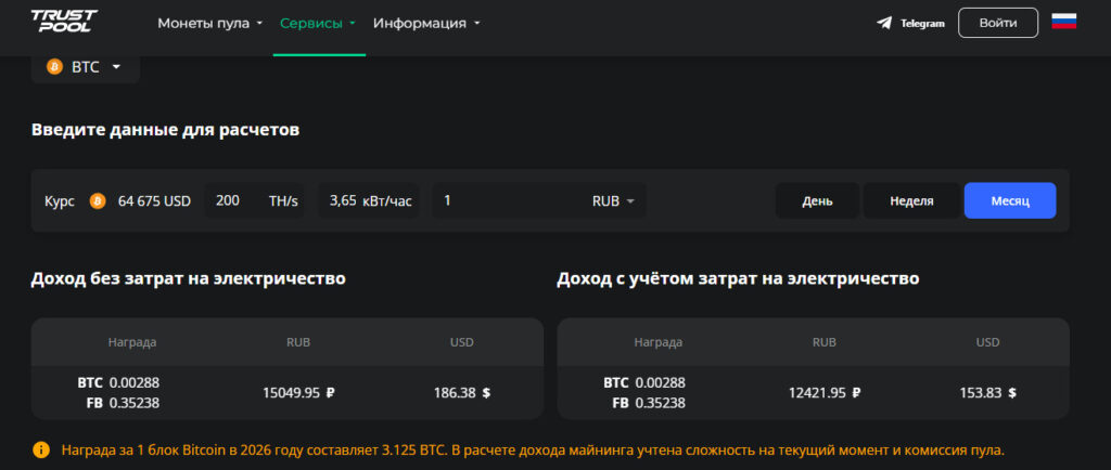 Расчёт доходности Antminer S21 200 TH/s при тарифе 1 рубль за кВт·ч в калькуляторе Trustpool